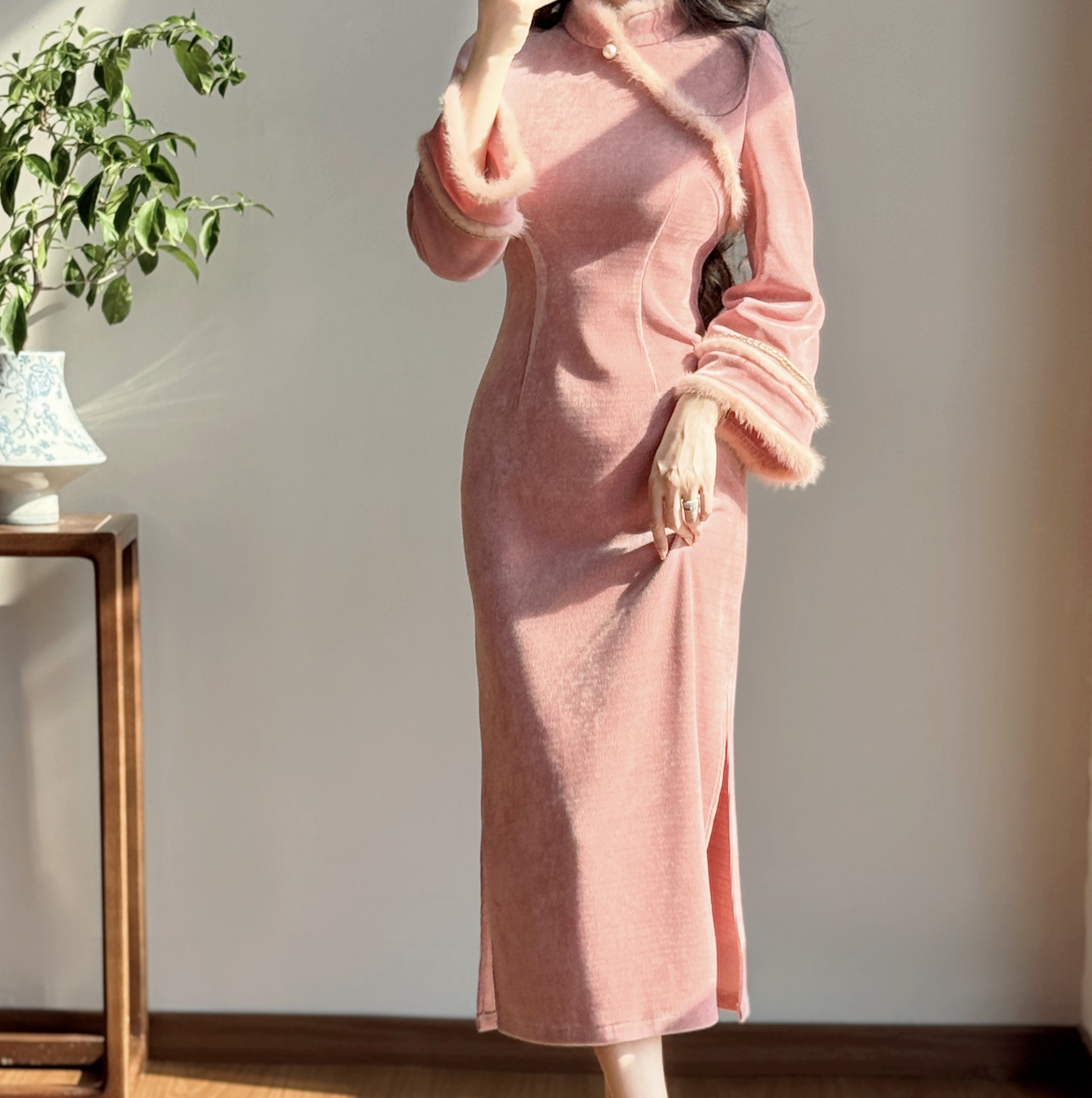 新中式改良旗袍粉色连衣裙