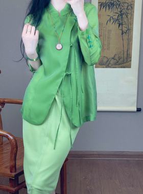 中国风新中式早秋防晒外套高级感天丝长袖禅意衬衫绿色显瘦衬衣女