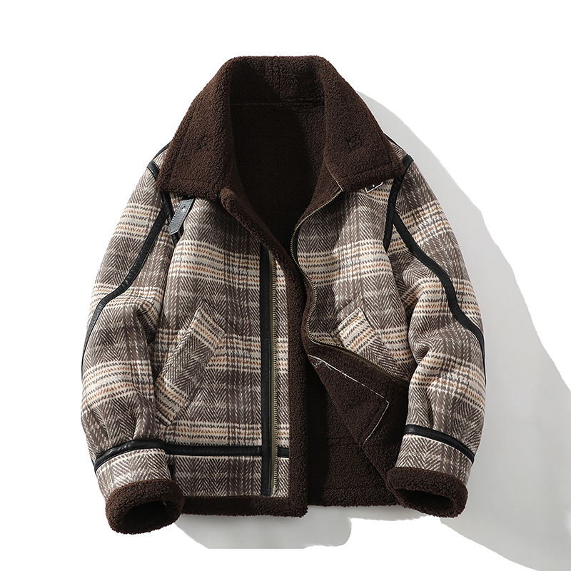 皮毛一体外套男冬季新款加绒加厚格子机车服羊羔毛翻领大码棉男服