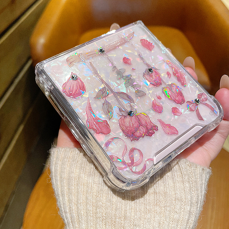 贝壳光玫瑰花适用oppo find n3 flip手机壳ins风水钻三星zflip6小折叠屏pocket 2气囊zflip5新款