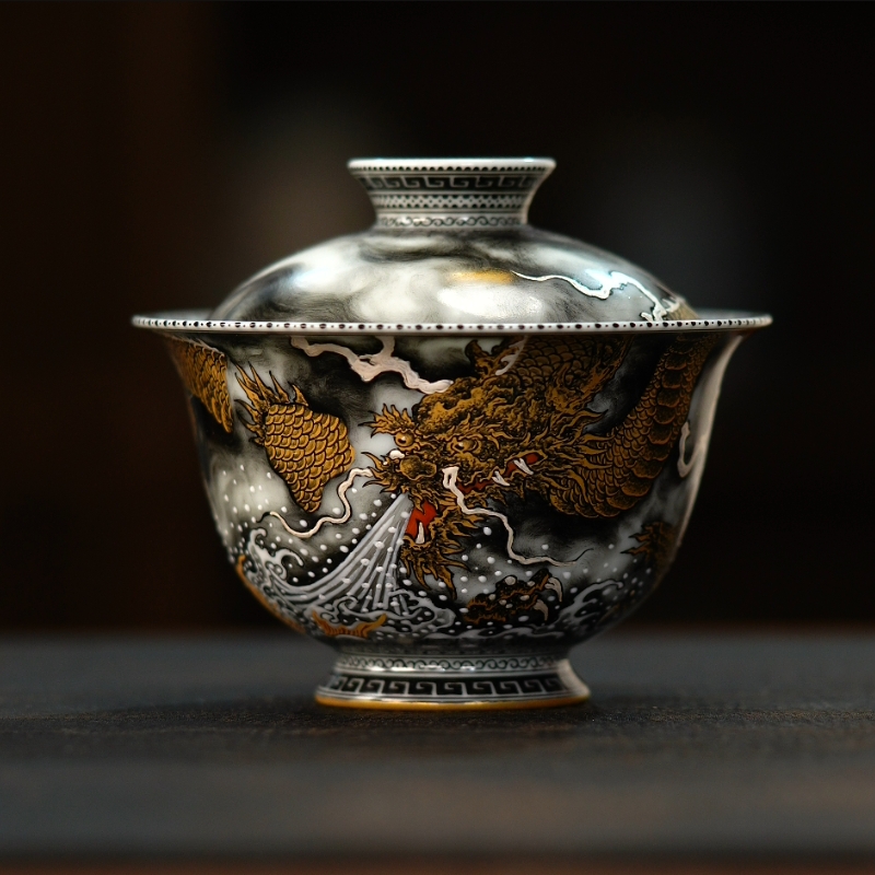 空山明月全手工景德镇陶瓷墨彩鱼化龙盖碗