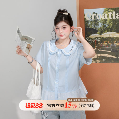 娃娃领蕾丝拼接短袖衬衫女