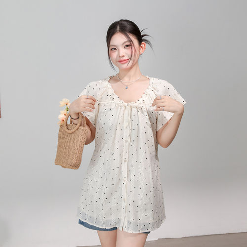 欧尼不胖大码女装微胖mm提花波点短袖衬衫女收腰显瘦抽绳V领衫衣