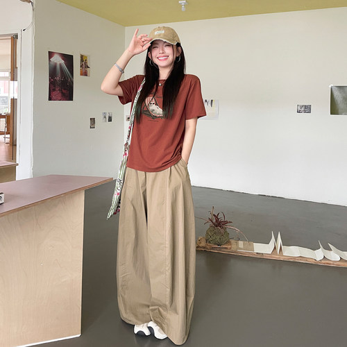 欧尼不胖大码女装新款美式复古水洗卡其色阔腿休闲裤高腰遮肉长裤