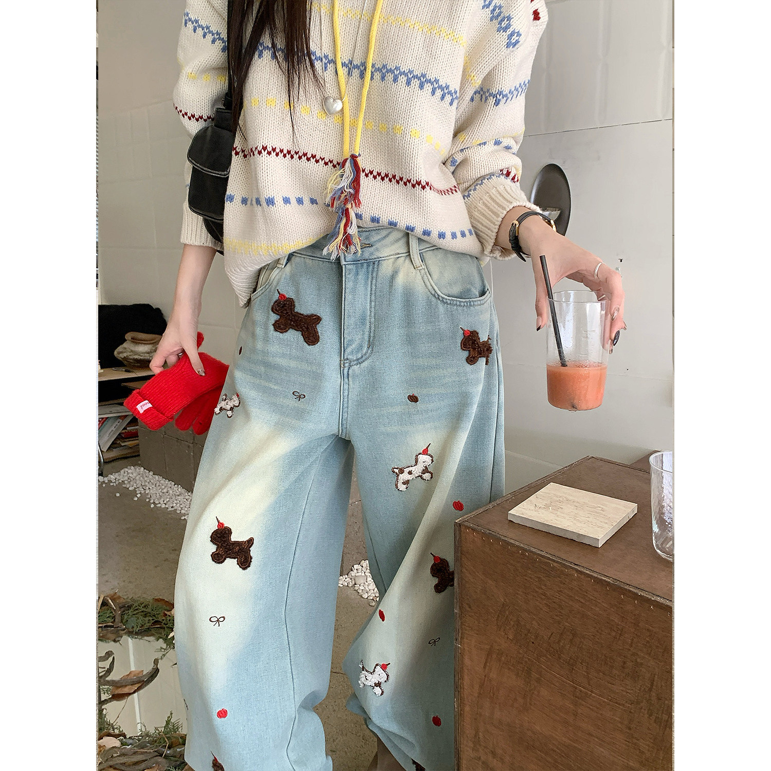 欧尼不胖2025新款加绒加厚独特刺绣牛仔秋冬高腰显瘦遮胯阔腿裤子