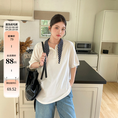 欧尼不胖大码女装胖mm韩系夏季新款条纹领短袖T恤女宽松显瘦上衣
