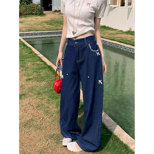 欧尼不胖大码女装胖mm显瘦蕾丝花边牛仔裤美式复古小众宽松阔腿裤