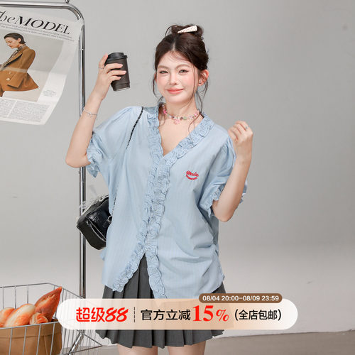 欧尼不胖大码微胖V领木耳边设计感短袖衬衫女夏季新款泡泡袖上衣