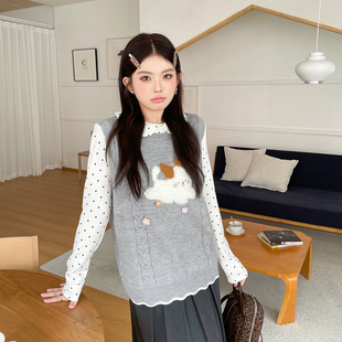欧尼不胖秋冬甜美立体小狗马甲内搭波点长袖T恤减龄大码女装套装