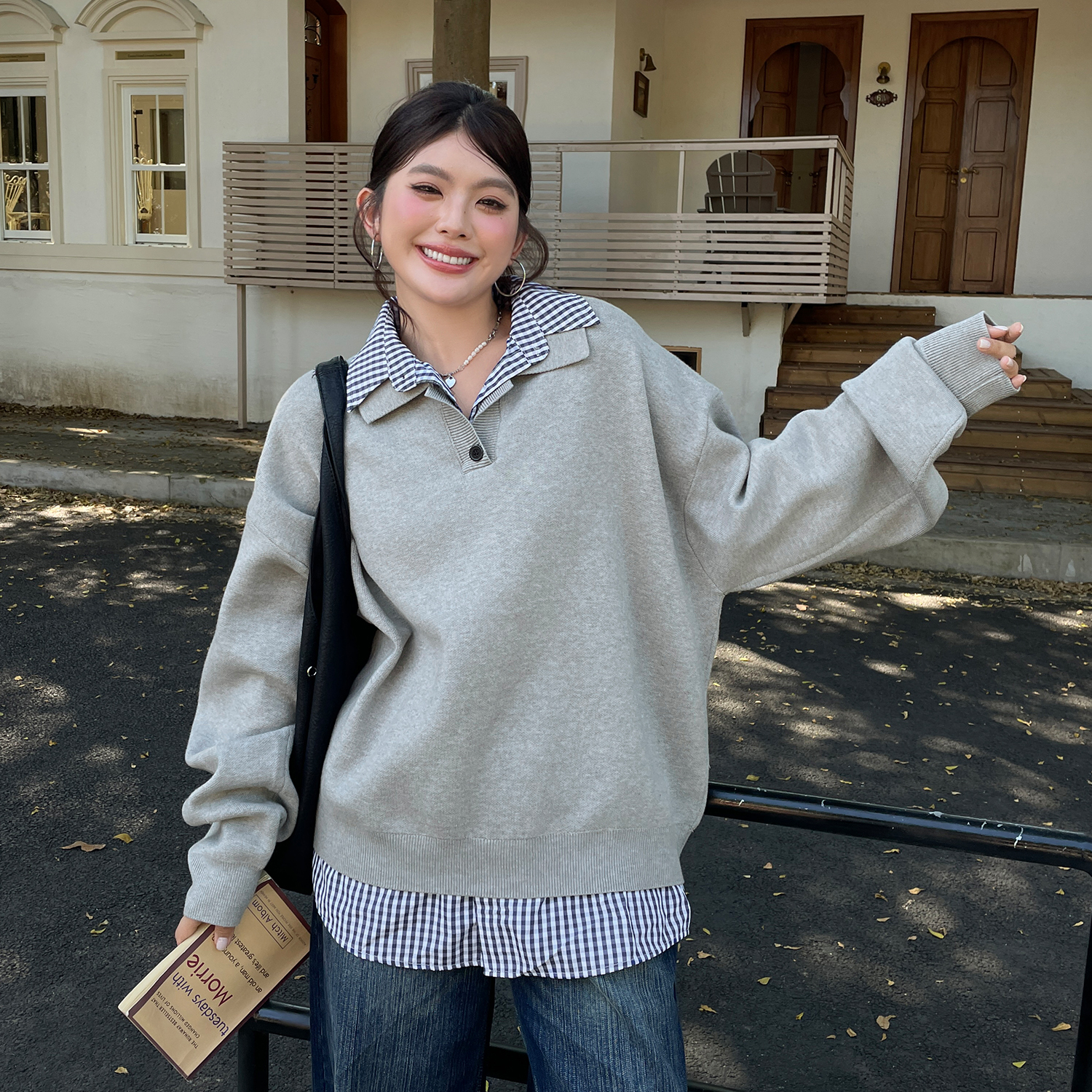 欧尼不胖2025巨好看的假两件polo领针织毛衣胖mm慵懒高级感上衣秋