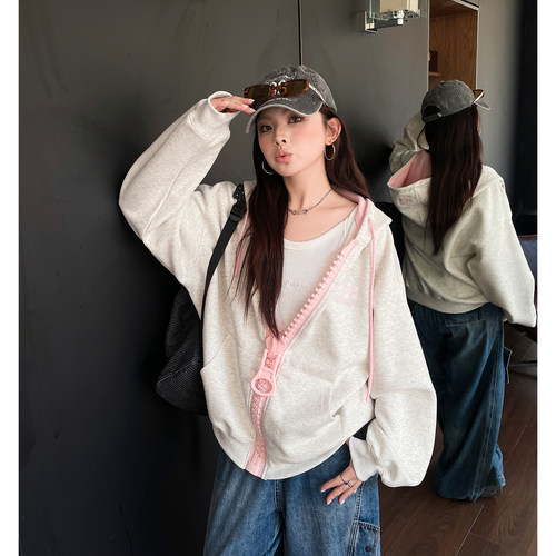 欧尼不胖大码女装美式复古撞色大拉链显瘦连帽卫衣外套秋冬款