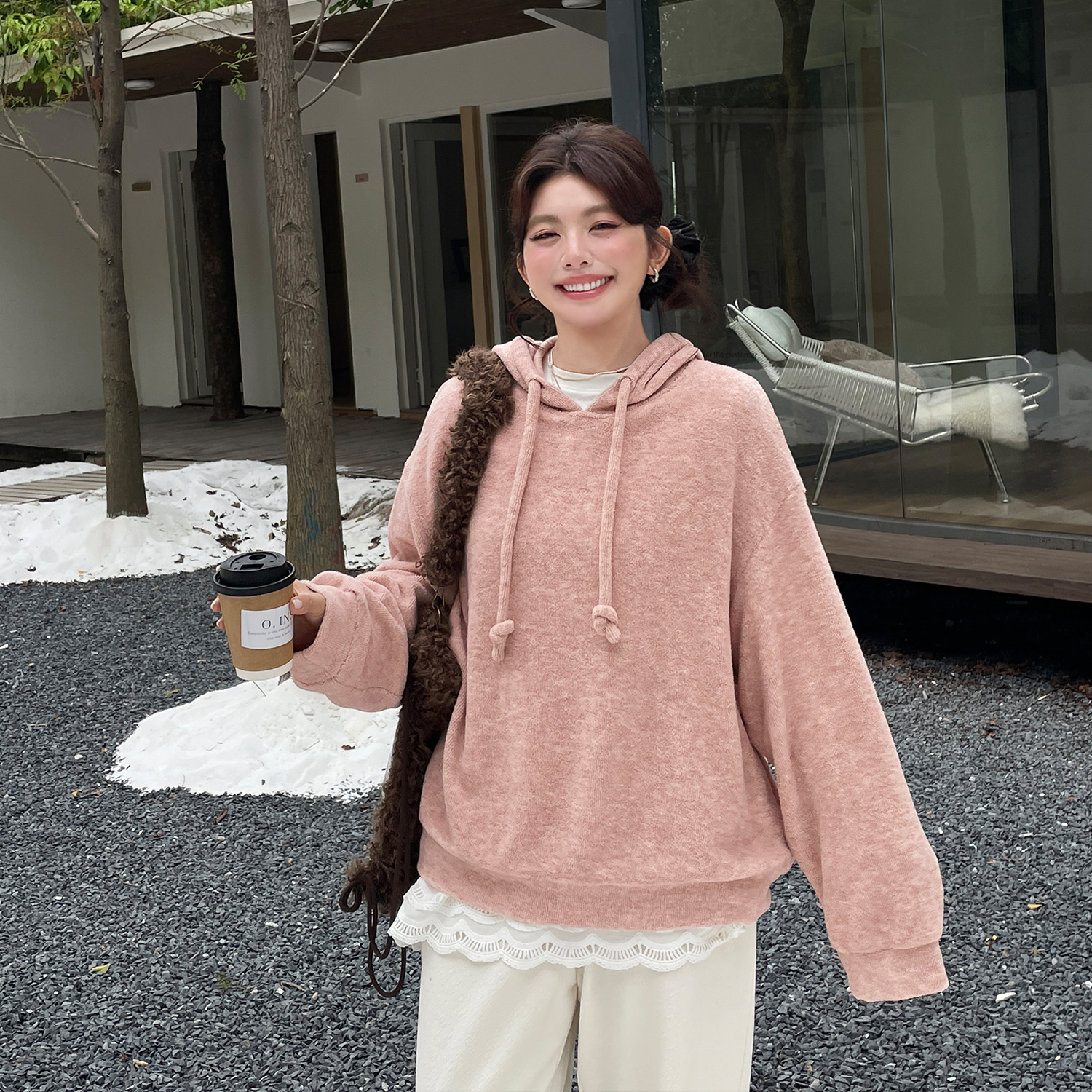 欧尼不胖胖mm巨遮肚宽松显瘦针织上衣2025秋冬独特超好看连帽卫衣