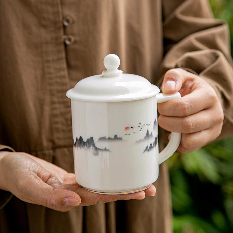中式水墨风羊脂玉办公杯白瓷釉中彩茶杯旭日东升山水画大容量水杯