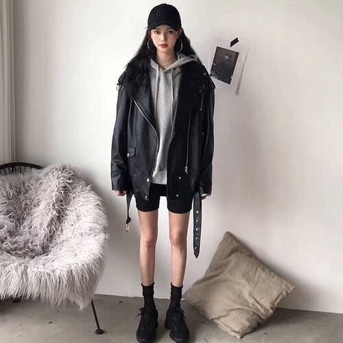 芭下宽松时尚中长款oversize皮衣