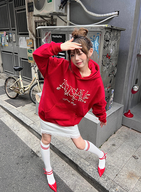 A11SALVE美式复古立体珍珠字母连帽卫衣男女秋冬重磅潮牌上衣帽衫