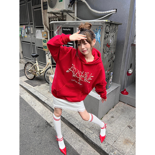 A11SALVE美式 复古立体珍珠字母连帽卫衣男女秋冬重磅潮牌上衣帽衫