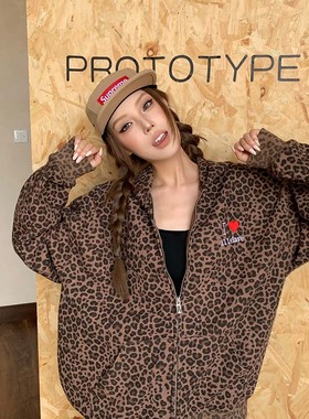 A11SLAVE豹纹华夫格刺绣连帽拉链外套美式男女卫衣潮牌情侣上衣