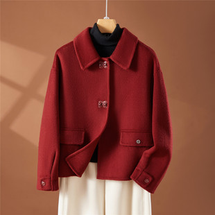 2026春新款红色小翻领双面羊绒大衣短款毛呢外套女小个子羊毛大衣