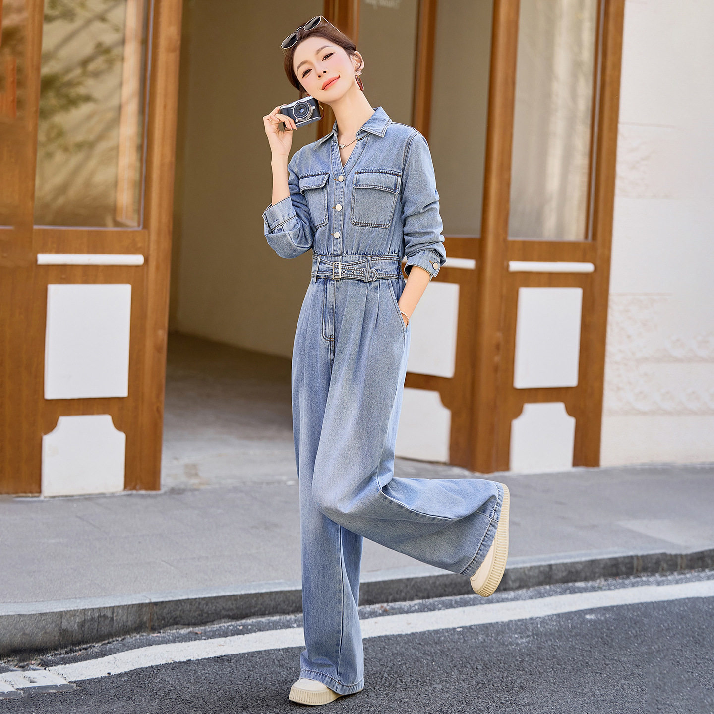 2026春季新款女装复古气质连体衣牛仔长袖工装松紧腰连身裤连体裤