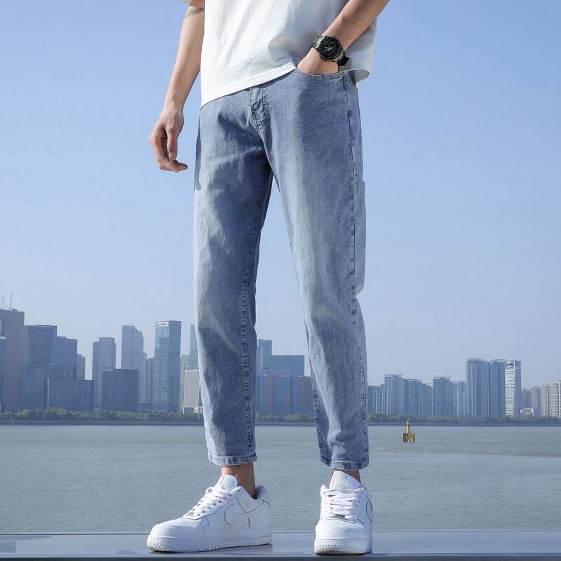 潮牌浅色夏季牛仔裤男新款修身显瘦九分裤青春流行潮流款小直脚裤