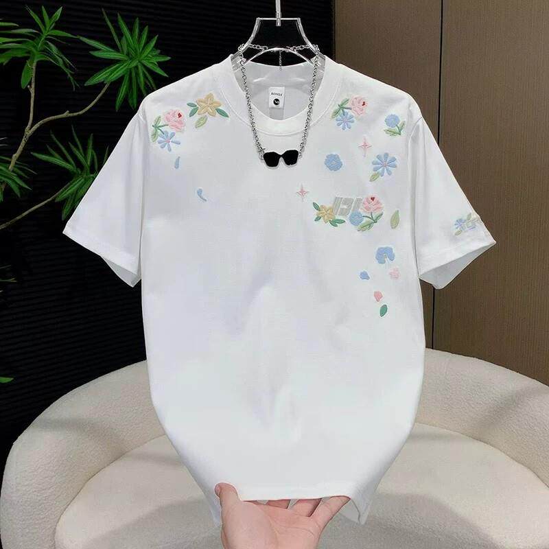 休闲刺绣花朵短袖T恤男夏季圆领百搭打底衫上衣潮牌时尚半袖体恤