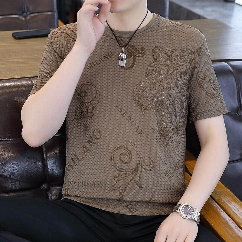 2026年夏季新款男士冰丝短袖T恤时尚潮流欧货圆领半袖T恤上衣夏装