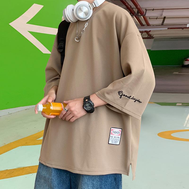 港风oversize大码胖子七分袖T恤男士加肥宽松休闲7分袖体恤衫学生