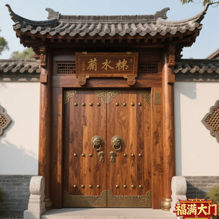 中式实木菠萝格庭院大门茶楼民宿复古门镶铜入户门高端定制庭院门