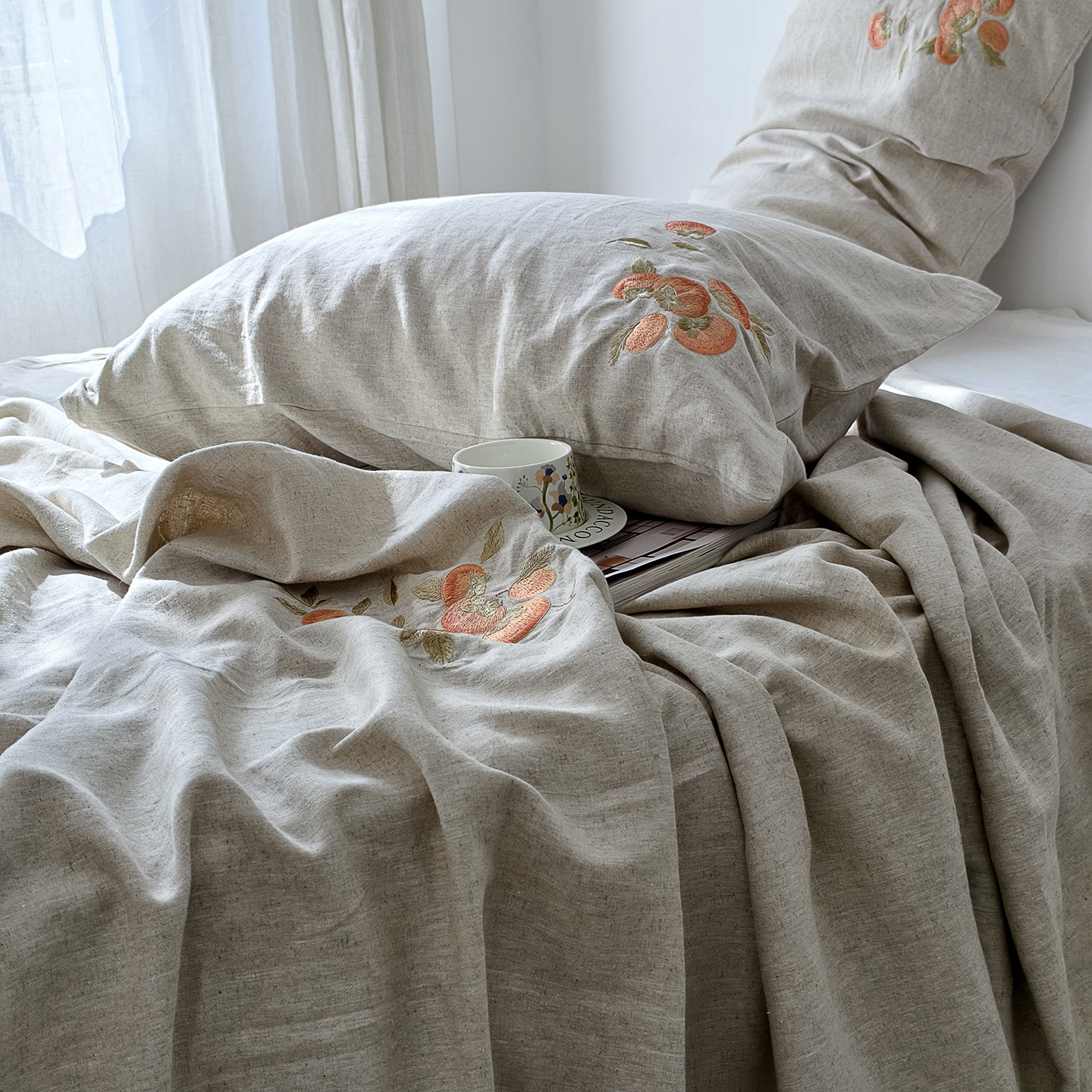 汉麻桑蚕丝刺绣床单枕套三件套 自然橘纹 蝴蝶