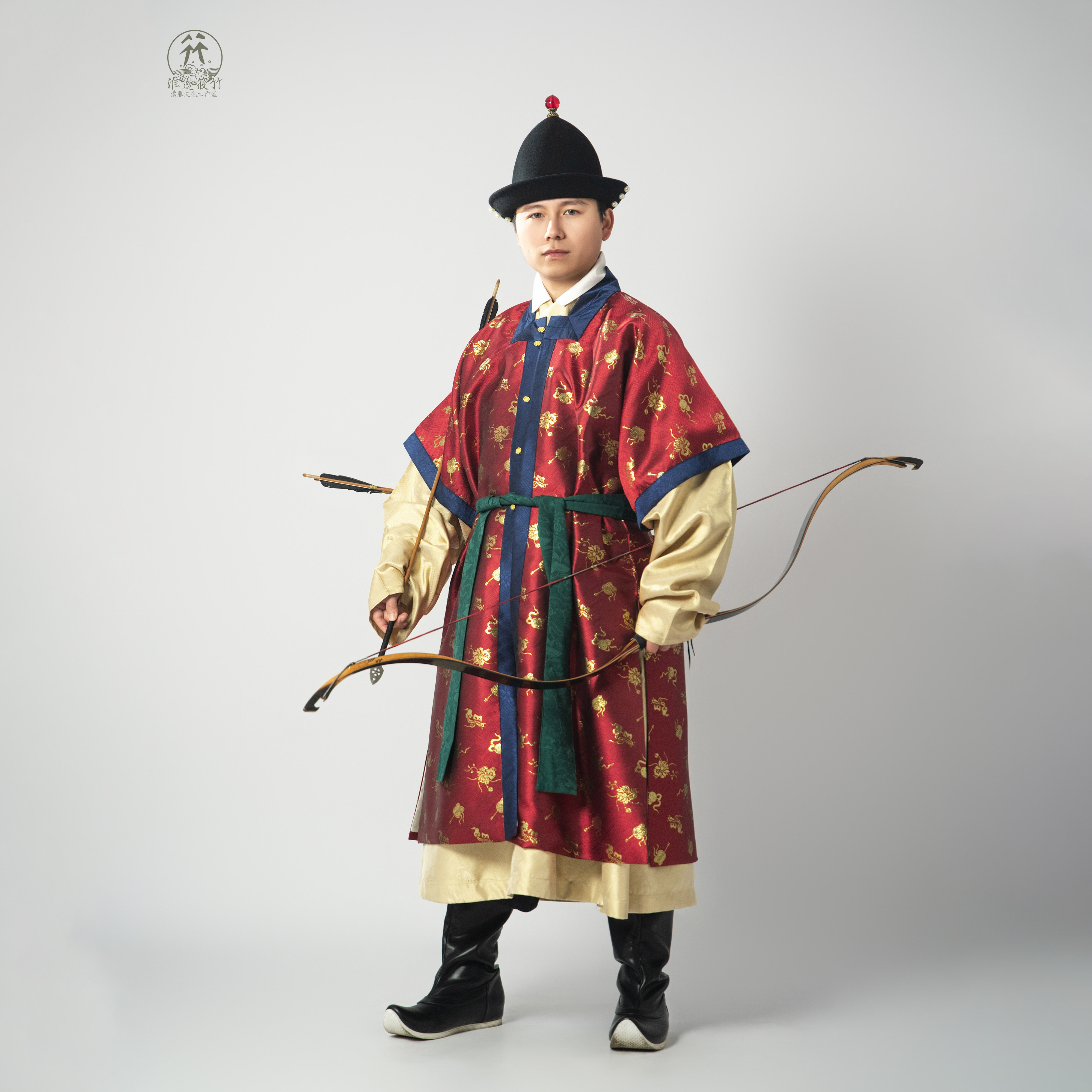 淮边筱竹 方领织金半袖布罩甲 对襟衣汉服比甲轿夫衙役骑兵戎装