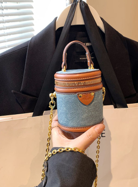 迷你拼接撞色小包包女2024新款精致圆筒包单肩斜挎链条包发财桶包