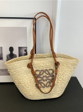 大容量草编包女编织菜篮子单肩托特包2025新款拉菲草度假沙滩包