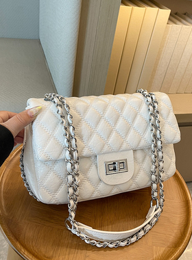 时尚绣线黑色小包包女2024新款流行菱格链条斜挎包百搭单肩小方包