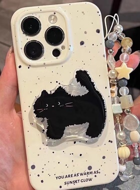 泼墨猫咪支架链条vivoy300t/x200s手机壳硅胶女s20/s19s/18简约iqoo13创意oppofindx8防摔reno13/一加ace5pro