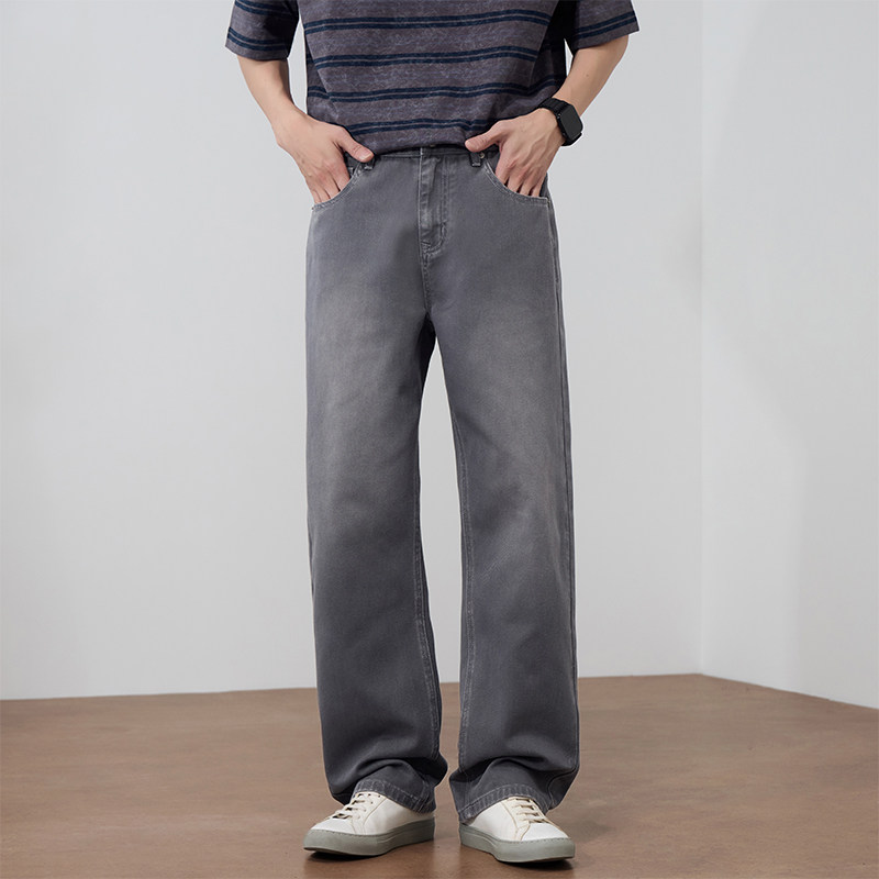 韩版灰色牛仔裤男士2026新款春季高街潮牌宽松直筒轻奢男装裤子