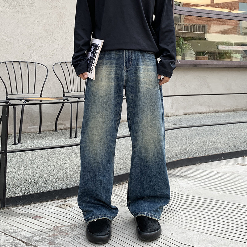 宽松直筒复古做旧水洗深蓝色牛仔裤ifashion男裤阔腿裤