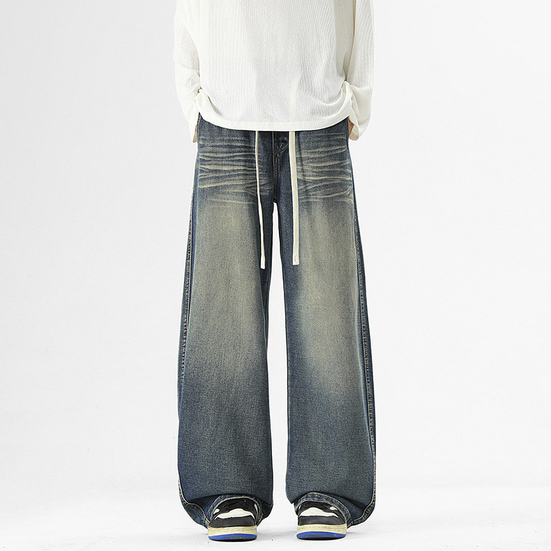 春秋季新款美式复古直筒牛仔裤男潮牌阔腿高街宽松水洗抽绳裤子