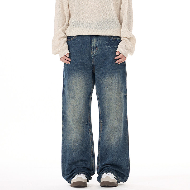 美式复古宽松蓝色牛仔裤男潮牌小众设计感猫须长裤情侣百搭阔腿潮