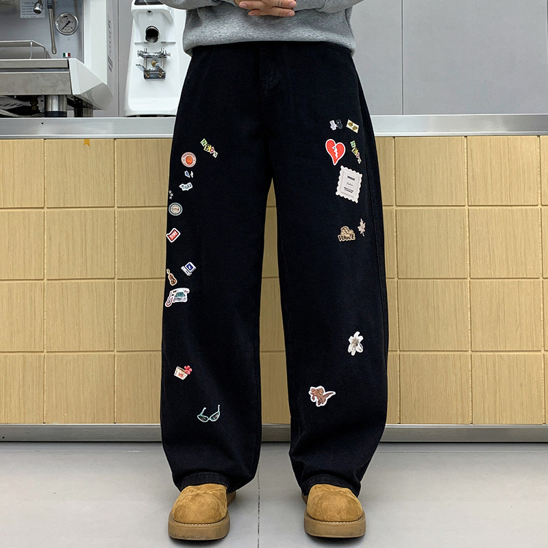 巴黎潮牌黑色阔腿牛仔裤男款宽松直筒垂感斜纹印花松弛感休闲长裤