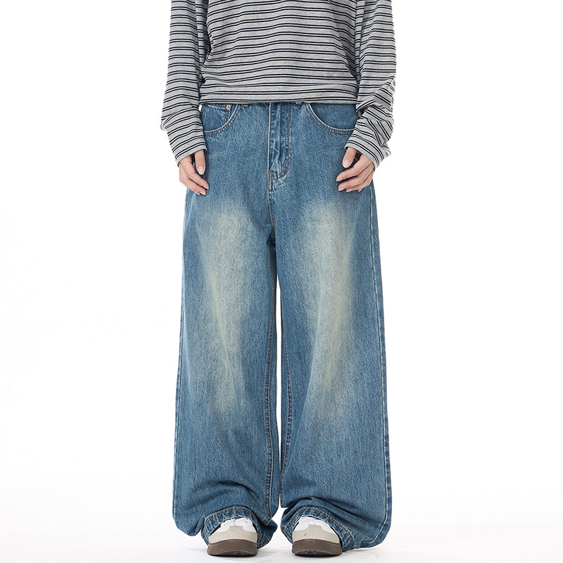 春夏季美式简约水洗蓝色宽松牛仔裤男生高街休闲直筒阔腿拖地长裤