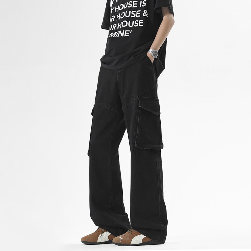 大码秋季新款工装多口袋长裤宽松休闲弹力直筒微喇裤子男生牛仔裤