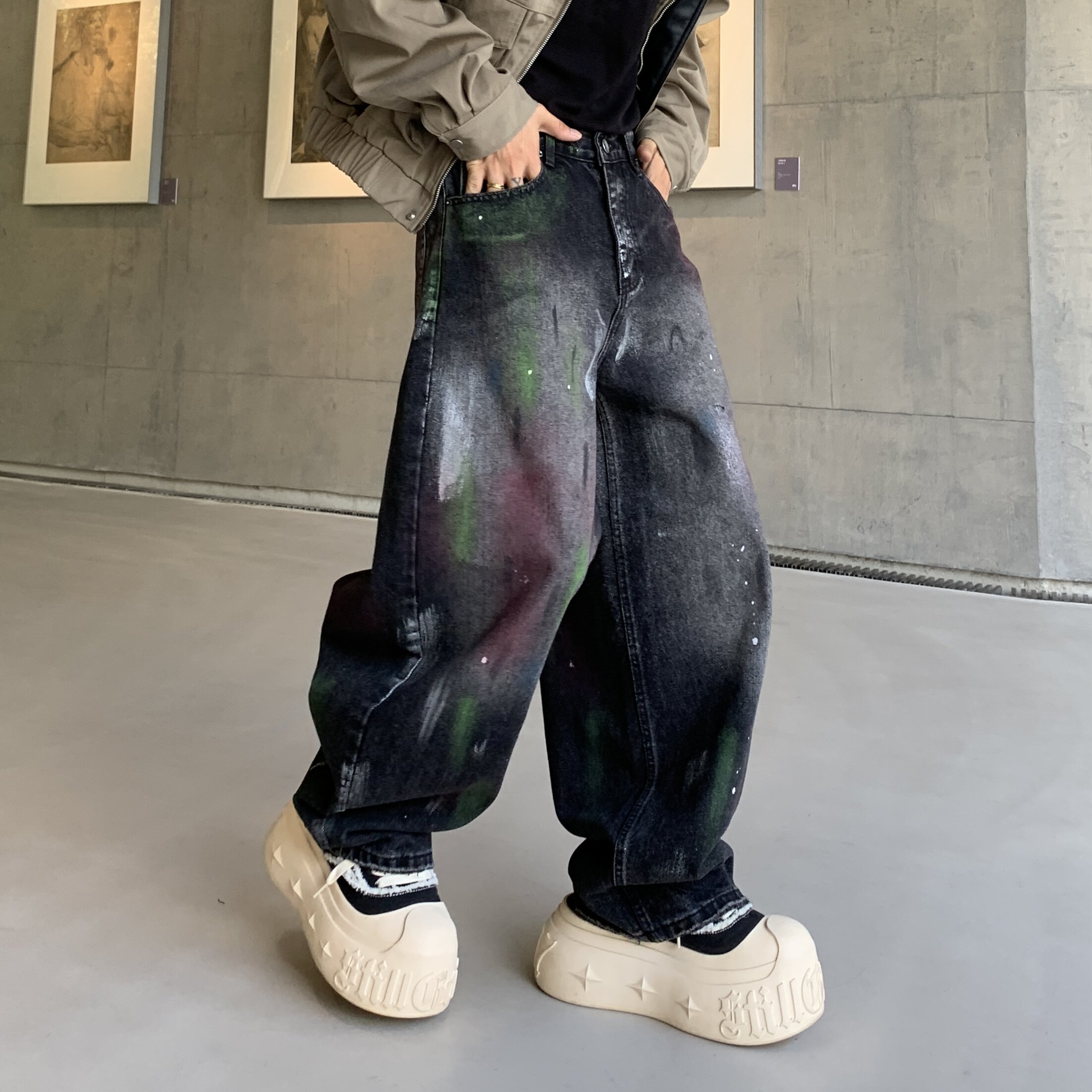 新款潮牌宽松直筒星河黑色水洗牛仔裤弯刀裤男美式街头潮流个性男