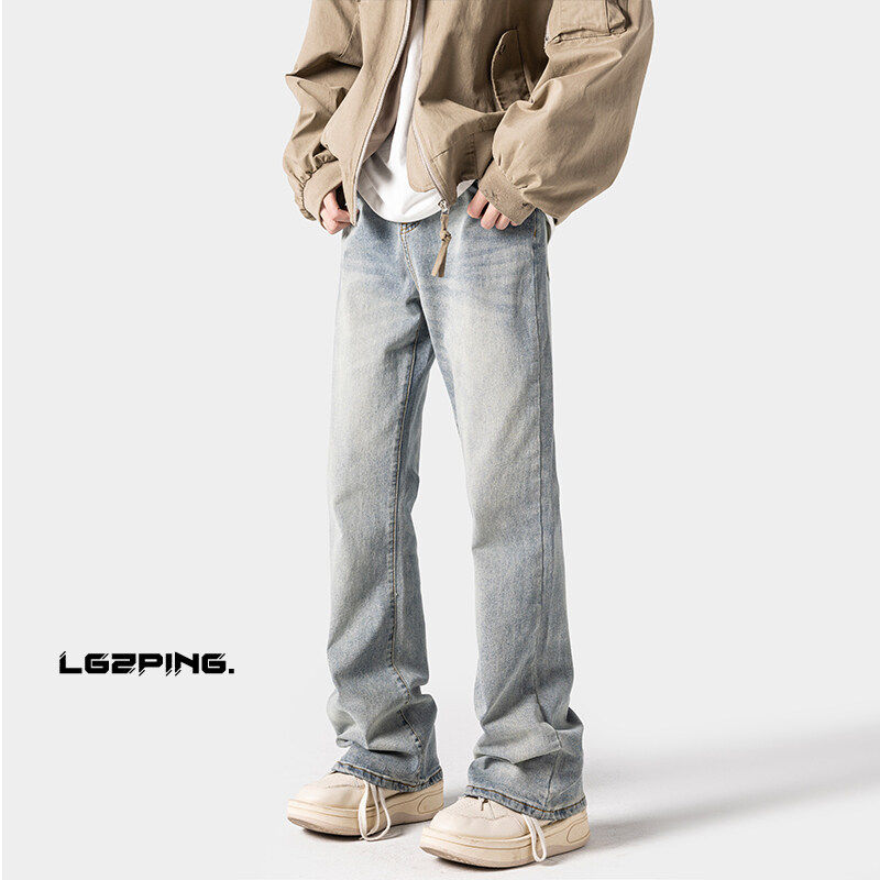 复古潮牌美式做旧水洗微喇牛仔裤男街头宽松潮流百搭阔腿长裤