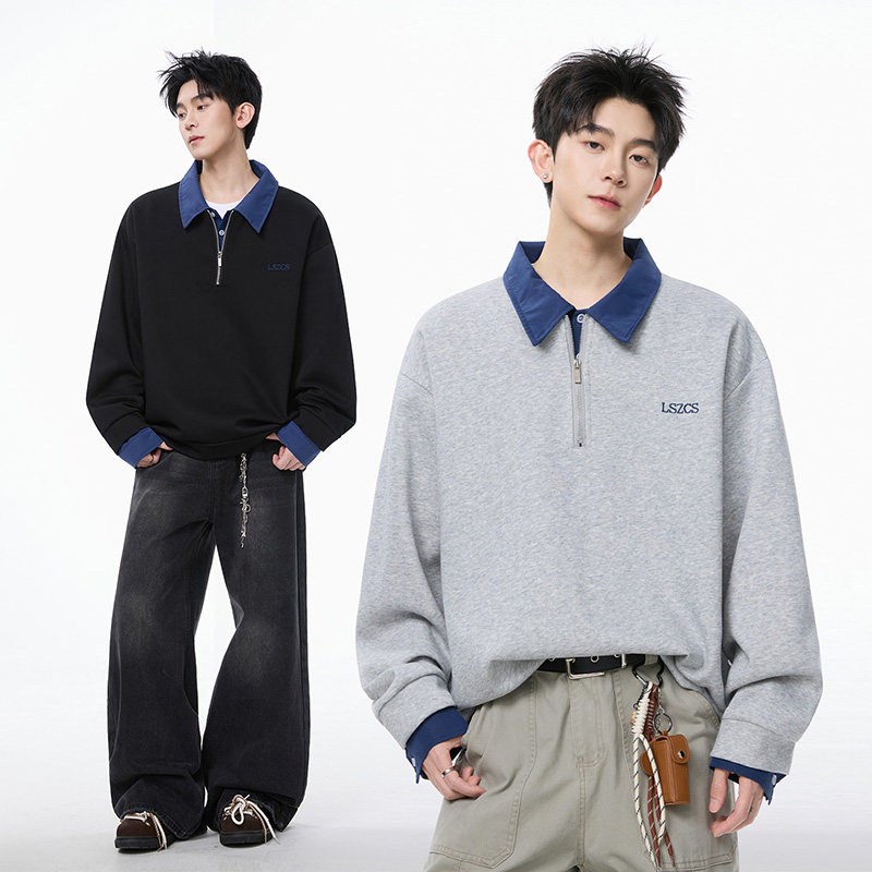 美式复古撞色假两件长袖POLO衫男潮牌宽松百搭半拉链卫衣