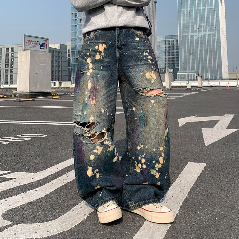 废土风涂鸦破洞乞丐阔腿牛仔长裤男潮牌痞帅宽松廓形大弯刀裤