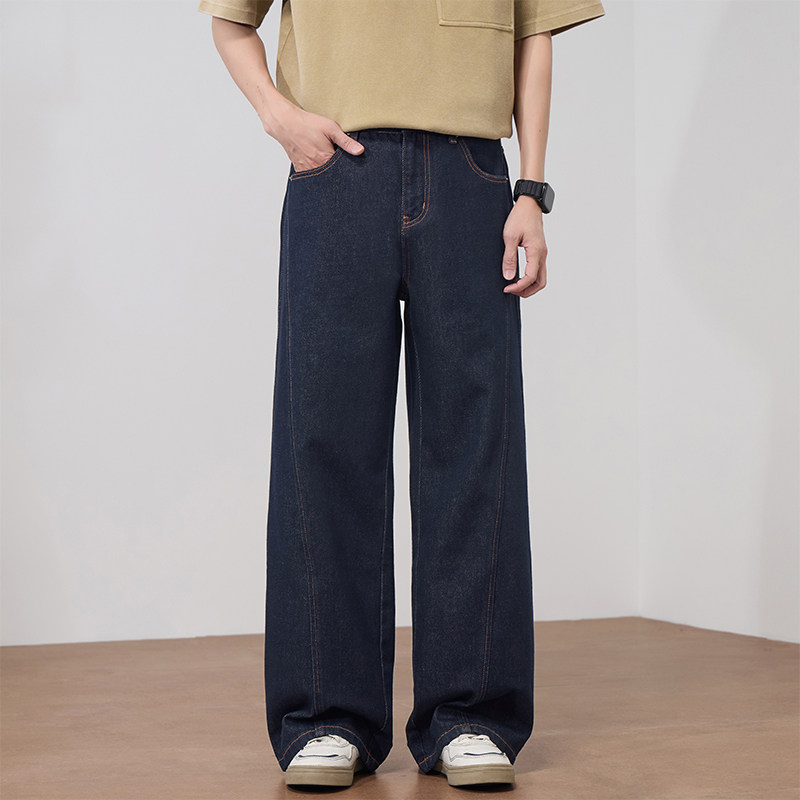 丹宁深蓝色直筒牛仔裤男阔腿宽松水洗垂感休闲裤子坠感高腰加长裤