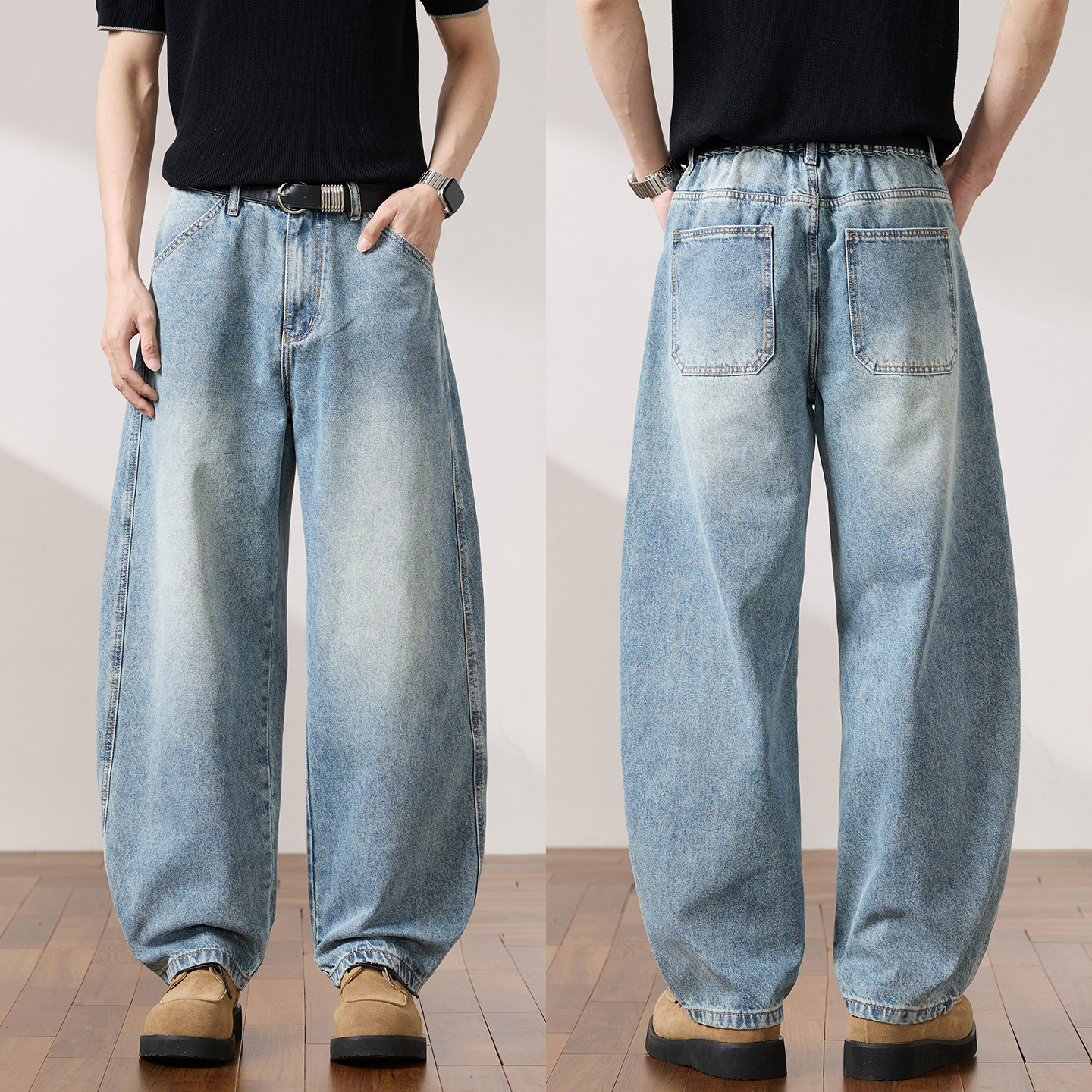 美式复古做旧水洗气球牛仔裤男 宽松阔腿直筒裤 高街vibe风裤子