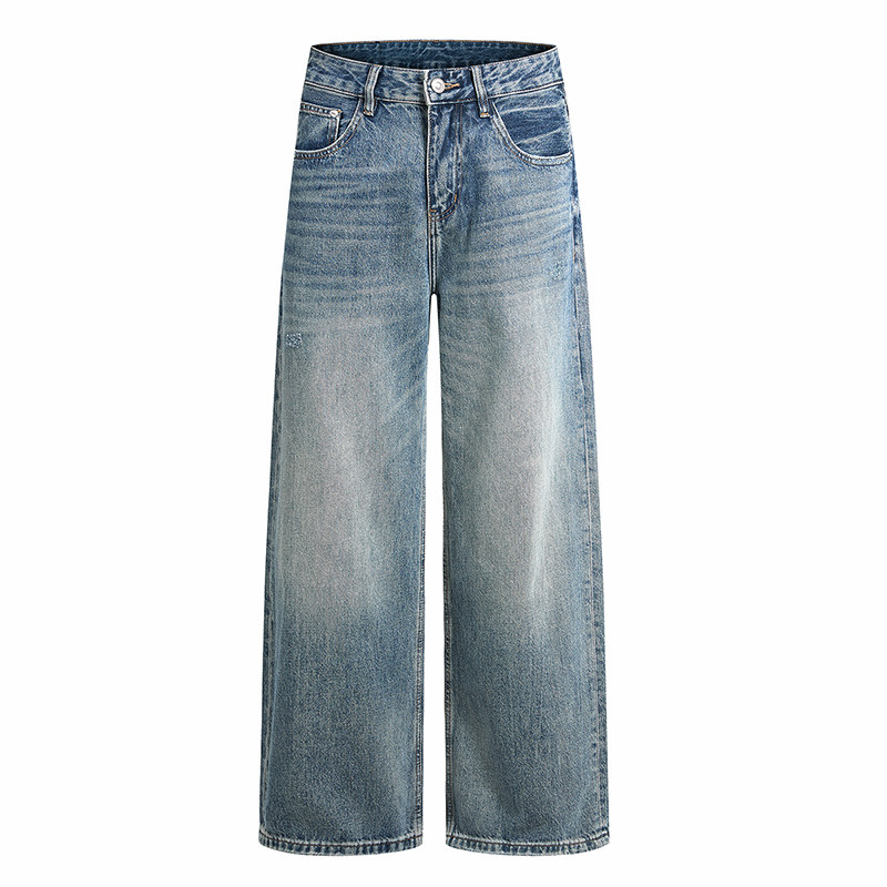 美式潮牌复古宽松水洗蓝色直筒牛仔裤简约百搭阔腿休闲长裤男