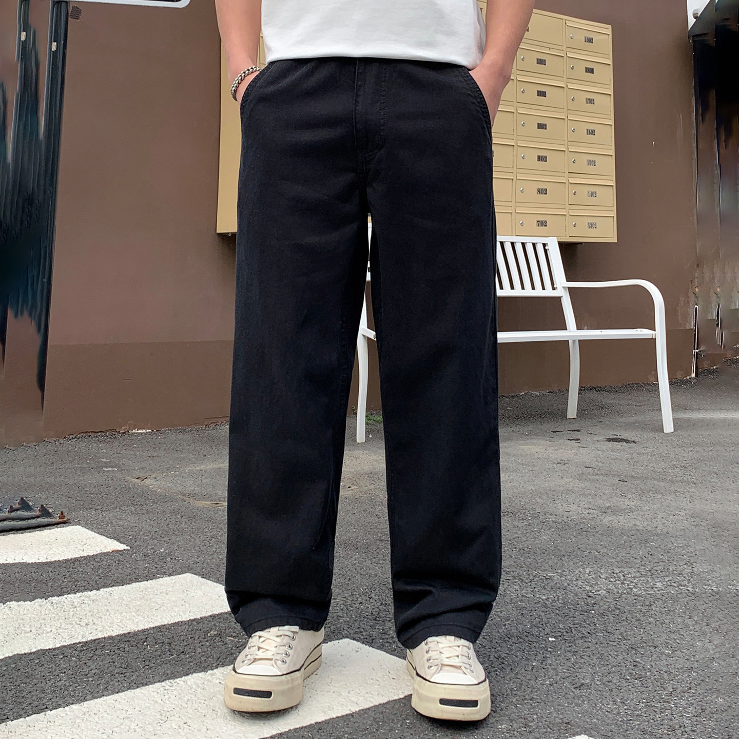 莱赛尔阔腿牛仔裤男春秋新款青年男士宽松垂感直筒裤松紧腰休闲裤