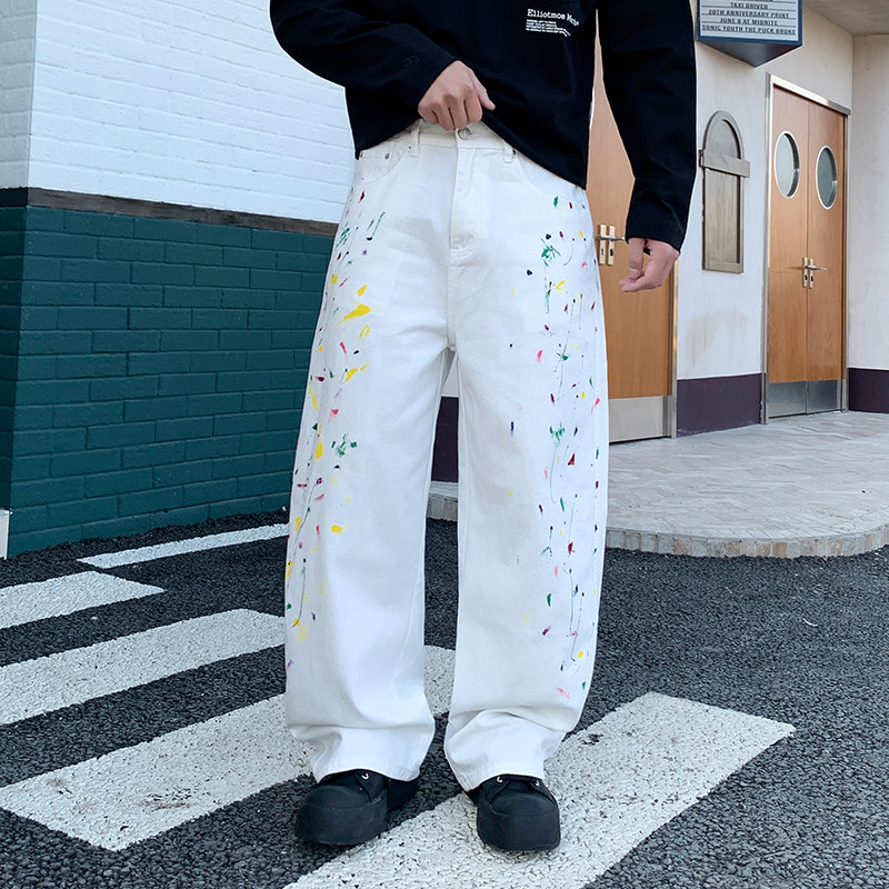 男士泼墨白色牛仔裤男新款美式潮牌直筒垂感裤子